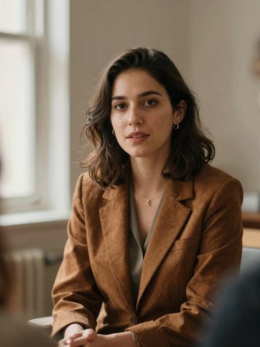 A warm, natural-light environmental portrait of a female executive in collaborative discussion, rich earth tones, shallow depth of field, 35mm grain.