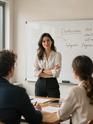 A warm, natural light environmental portrait of a female leader standing confidently in front of a hand-drawn whiteboard, engaging a diverse group of executives in active, collaborative discussion.