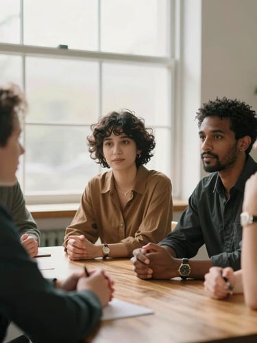 Warm editorial portrait of a diverse leadership team in active, thoughtful conversation around a wooden table, soft natural window light, shallow depth of field