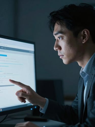 Medium close-up of a focused professional interacting with a clean interface, low-key ambient office light, sharp screen-glow highlights, cool blue and slate tones, shallow depth of field.