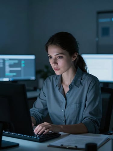 Moody editorial photography, a focused female engineer in a low-key ambient office, cool blue and slate screen-glow highlights, shallow depth of field, high-end tech aesthetic.