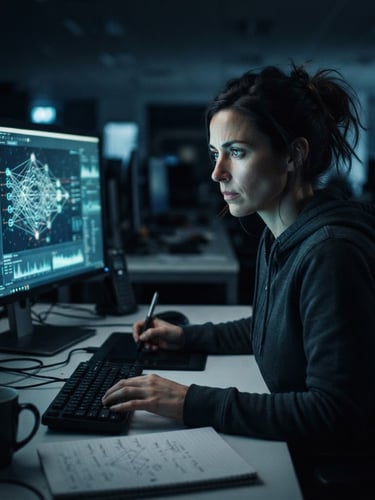Moody editorial photography of a focused female systems engineer in a low-key ambient corporate workspace, cool blue and slate tones, shallow depth of field, sharp screen-glow highlights reflecting on her face as she analyzes complex neural network data structures.