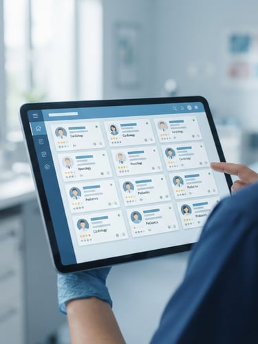A clean over-the-shoulder view of a modern clinical tablet interface showing structured doctor profiles, sterile blue and white tones, sharp focus, 35mm