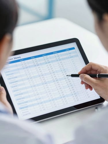 Close-up over-the-shoulder view of a healthcare administrator analyzing structured patient demographic data grids on a modern tablet, clinical bright cool daylight, sterile blue and white tones, sharp focus, professional medical setting, 35mm