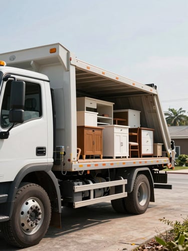 Wide environmental shot from the passenger side of a junk removal truck, cab door open, flatbed loaded high with furniture and debris in natural daylight, job site driveway visible in background, no people in frame