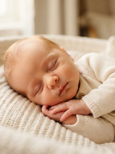 Close-up of a sleeping newborn baby wearing a warm cream organic cotton onesie, soft morning light filtering through a window, shallow depth of field