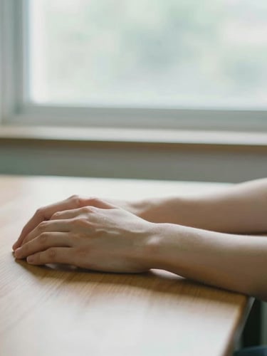 A close-up of relaxed hands resting on a clean wooden desk, soft natural daylight streaming through a window, shallow depth of field.