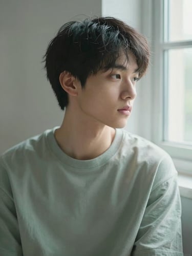 A focused individual in quiet contemplation, soft diffused daylight streaming from a side window, muted sage and slate tones, shallow depth of field.