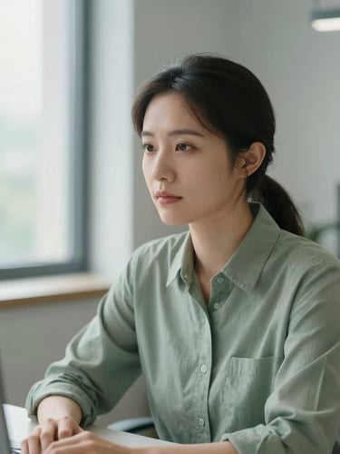An editorial portrait of a focused, calm professional in a serene, modern office with soft natural window light and muted sage tones, 35mm lens.