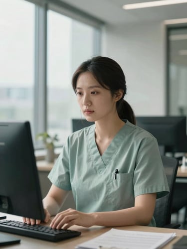 An editorial portrait of a focused, calm clinical practitioner in a modern, sunlit office with architectural lines, 35mm lens.