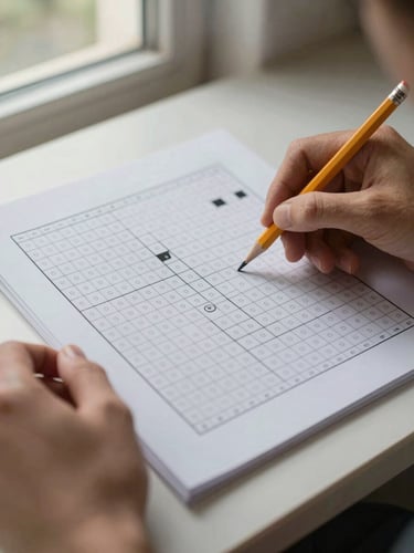 Close-up of hands holding a printed logic puzzle page, a pencil lightly marking a grid cell, soft natural daylight from a nearby window, shallow depth, desk surface visible below