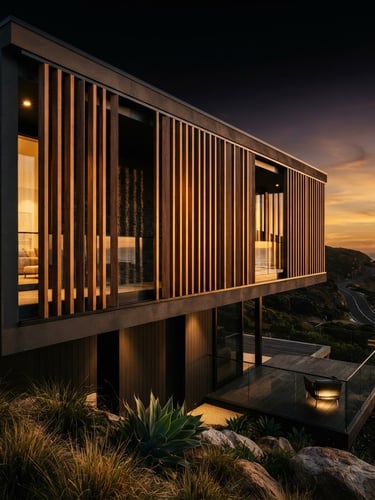 Cinematic architectural photography of a luxury residential exterior featuring WPC louvers, dramatic sunset lighting, sharp shadows, 35mm lens