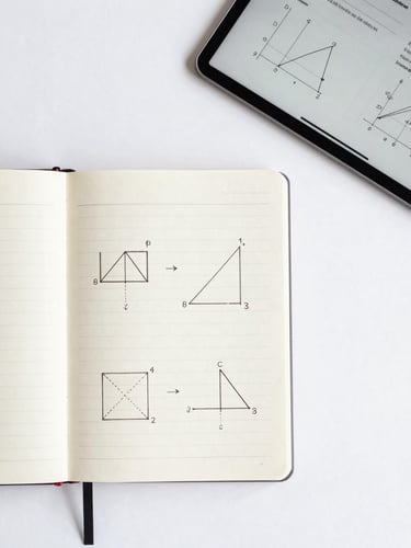 Overhead flat-lay of a clean study desk with hand-drawn geometric proofs in a notebook, a modern digital tablet showing mathematical graphs, bright daytime lighting, sharp focus, 35mm