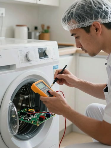 A close-up of a uniformed technician wearing clean shoe covers using a digital multimeter to test a high-end washing machine control board in a bright Dubai apartment kitchen.