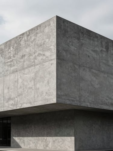 Wide architectural angle of a modern minimalist concrete building facade under overcast daylight, sharp structural lines, high-contrast shadows, 35mm lens