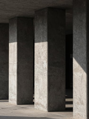Wide architectural angle of concrete structural columns with high-contrast sharp side lighting and deep shadows, 35mm editorial photography style
