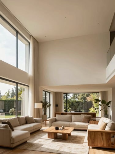 Interior of a modern living room, high ceilings, large floor-to-ceiling windows with natural daylight streaming in, minimal warm sand and oak wood furniture, architectural editorial photography