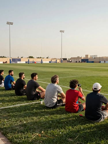 Families and supporters cheering from the sidelines of a lush green rugby pitch under warm late-afternoon Dubai sun