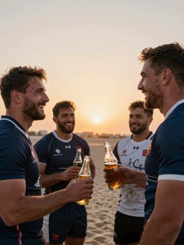 Candid medium shot of adult rugby players laughing and sharing drinks pitch-side during golden hour in Dubai, desert sunset glow in the background.
