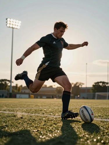 Low-angle action shot of a rugby player mid-stride under bright evening floodlights, kicking a ball, dramatic shadows, warm athletic energy.