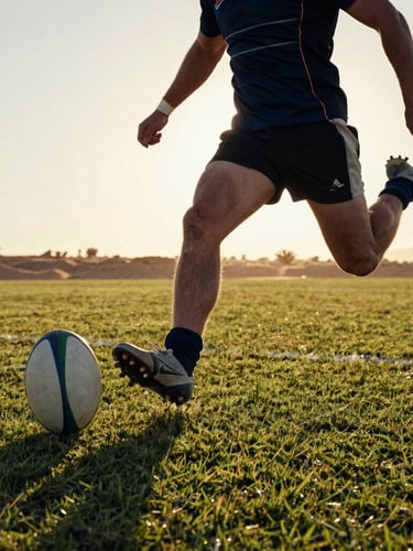 Low-angle action shot of a rugby player mid-stride kicking a ball, warm golden hour desert light casting long shadows across the green grass pitch.