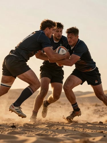 Low-angle dynamic action shot of rugby players mid-stride during a tackle under warm golden hour desert light, sand kicked up, intense movement.