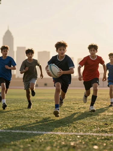 Low-angle dynamic action shot of young boys and girls running with a rugby ball on a green pitch, warm golden hour desert light casting long shadows, Dubai skyline softly blurred in the distance.