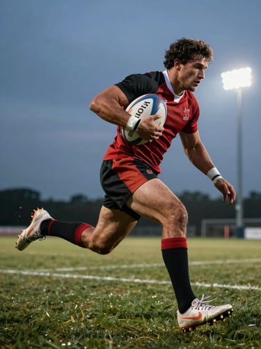 Low-angle action shot of a rugby player mid-stride escaping a tackle under bright evening floodlights, dramatic shadows, warm athletic intensity.