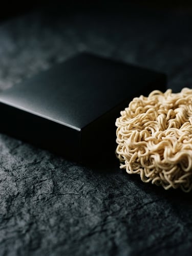 Sleek minimalist black Yagi Noodles packaging next to a raw wavy noodle nest on textured charcoal paper, moody food photography, high-contrast directional side-light, 35mm film