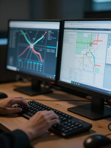 Close-up of a dispatcher's hands on a keyboard, dual monitors displaying complex route optimization software, moody low-light with cool blue screen glow and warm amber desk lamp, shallow depth of field.