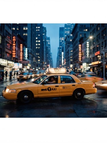 Wide panoramic urban street at dusk, yellow taxi cab in motion, streaking amber lights, shallow depth of field, high contrast.