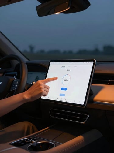 A close-up of a driver checking a tablet mounted on a clean luxury vehicle dashboard at dusk, warm amber dashboard glow, cinematic editorial photography, 35mm