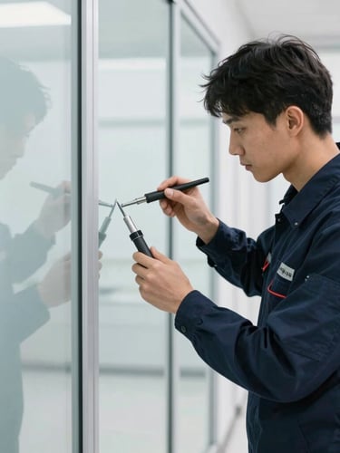 A professional technician in a clean navy uniform carefully detailing a modern glass partition with specialized tools, bright clinical natural light, sharp focus