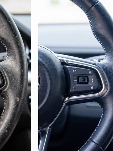 A split-screen macro photograph. Left side shows a heavily soiled, dust-coated luxury steering wheel. Right side shows immaculate, conditioned leather with pristine silver stitching under bright, high-key natural daylight.