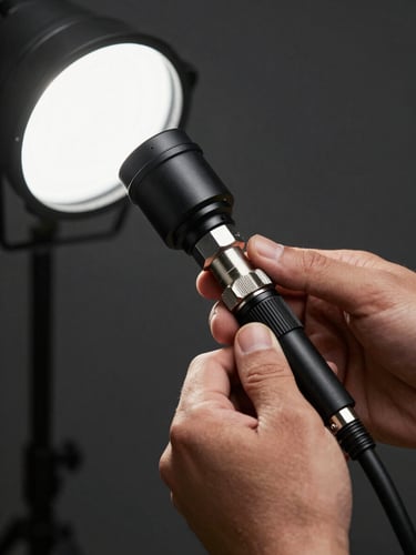 Close-up of a plumber's hands gripping a pipe inspection camera head, cool studio light revealing metal fittings and cable detail, dark industrial background with shallow depth of field
