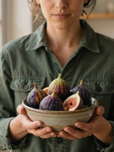 A close-up portrait of a passionate culinary writer in a dark green utility jacket, holding a rustic ceramic bowl of fresh figs, soft morning window light, shallow depth of field, warm earthy tones