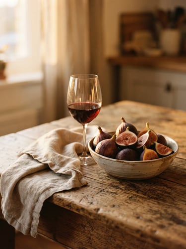 A close-up of a rustic wooden kitchen table in warm golden-hour light, a half-filled wine glass, a linen napkin, and a bowl of fresh figs, shallow depth of field, 35mm film grain.