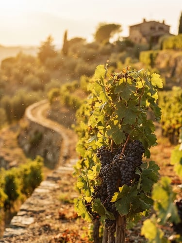 Close-up of sun-drenched grapevines on a terraced Tuscan hillside at golden hour, warm light catching dust motes, shallow depth of field, 35mm film grain style