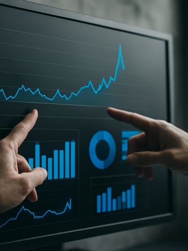 Tight candid crop of hands pointing at an analytical dashboard on a screen showing conversion spikes, cool desaturated tones, electric blue accents, 35mm lens.