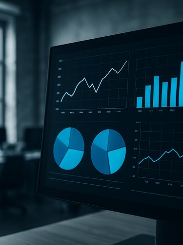 Close-up of a high-contrast analytical dashboard on a screen in a desaturated Manchester office, sharp blue accents, cool window light, 35mm lens.