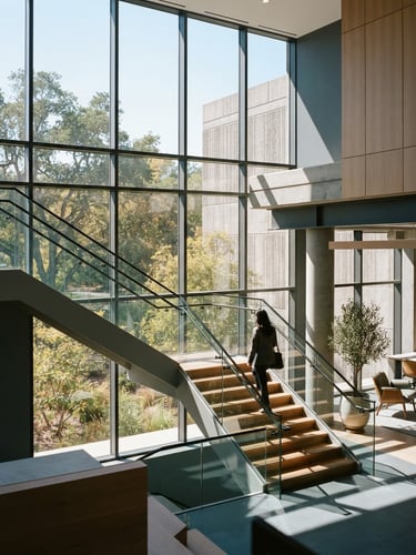 Architectural detail of a modern California office building, bright natural daylight filtering through large windows, clean lines, muted slate tones, 35mm.