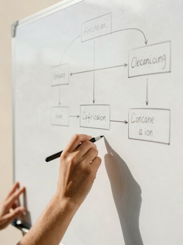 Focused professional sketching a clear flow diagram on a whiteboard, natural bright California daylight, close-up on hands, warm sand tones, 35mm editorial photography