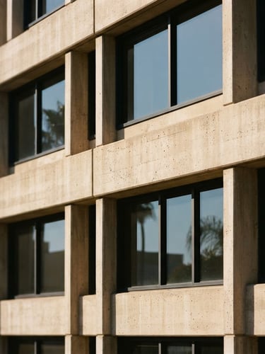 Architectural close-up of a modern concrete office building in California daylight, sharp clean lines, minimal geometric composition, 35mm warm editorial photography