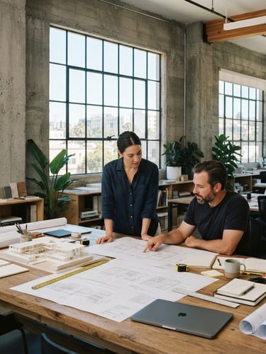 A bright California daylight office with raw concrete walls and large steel-framed windows, a long wooden table with architectural blueprints and structured diagrams, medium-wide environmental shot, warm slate and sand tones, 35mm.