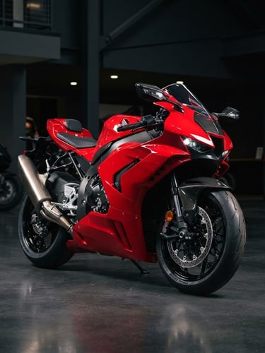 Sleek red Honda sport motorcycle parked in a modern showroom, dramatic studio lighting, high contrast, 35mm
