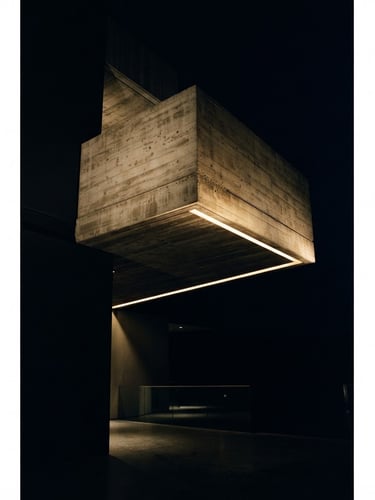 Dramatic low-key architectural detail of a high-end concrete cantilever structure, sharp directional light, deep obsidian shadows, premium minimal aesthetic