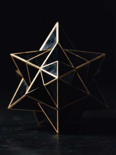 Dramatic low-key macro shot of a precise geometric crystal sculpture, sharp directional light hitting gold-brushed edges, deep obsidian shadows, 35mm film