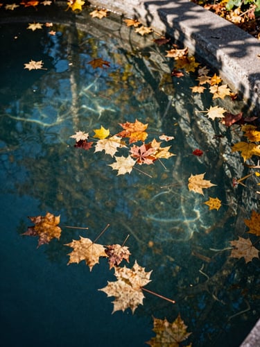 Close overhead shot of a pool surface in a Longueuil backyard, fallen maple leaves and organic debris floating on the water surface under bright natural daylight, mature tree branches visible at the frame edges casting dappled light