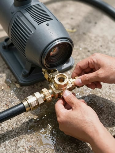 Close-up overhead view of pool pump and filter connections with hose fittings, bright midday natural light, hands tightening a fitting, wet concrete pad visible