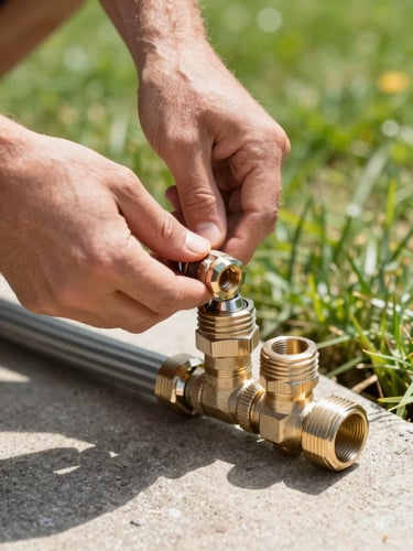 Close-up of pool hose and pipe fittings being connected at a pool equipment pad, bright midday sunlight, hands tightening a union fitting, green backyard grass visible in the background